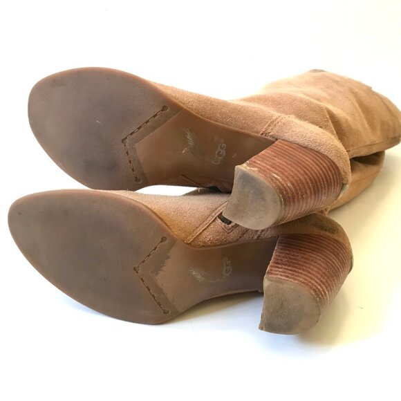 UGG Ava Knee High Tall Suede Boots Womens 6.5 Brown Tan Block Heels Leather Zip - Picture 13 of 16